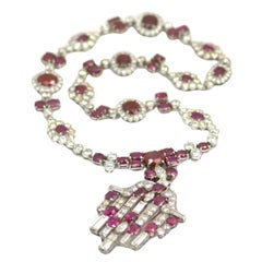 Important Antique Natural Burmese Ruby Diamond Silver Necklace