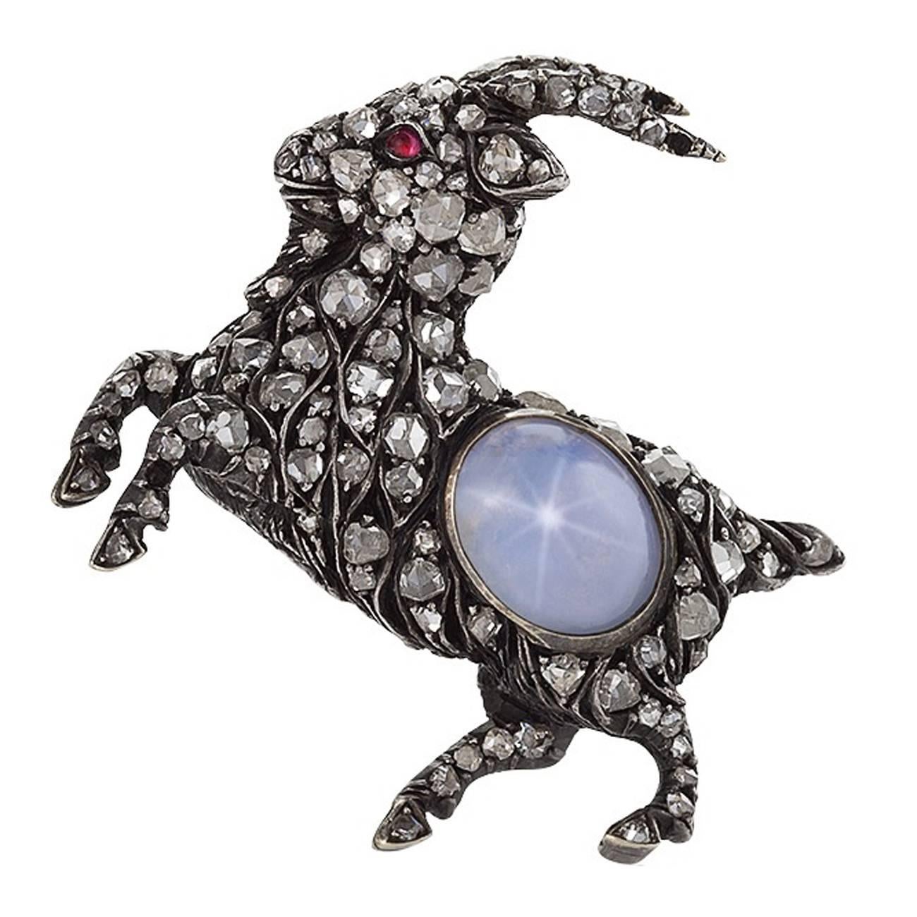 Antique English Diamond Star Sapphire Silver Topped Gold Billy Goat Brooch