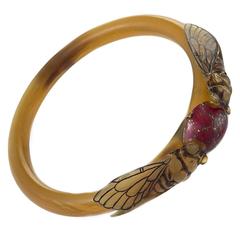 Antique Georges Pierre Art Nouveau Horn and Glass Cicada Bracelet