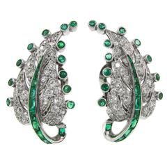 Art Deco Emerald Diamond Platinum Leaf Earrings 8