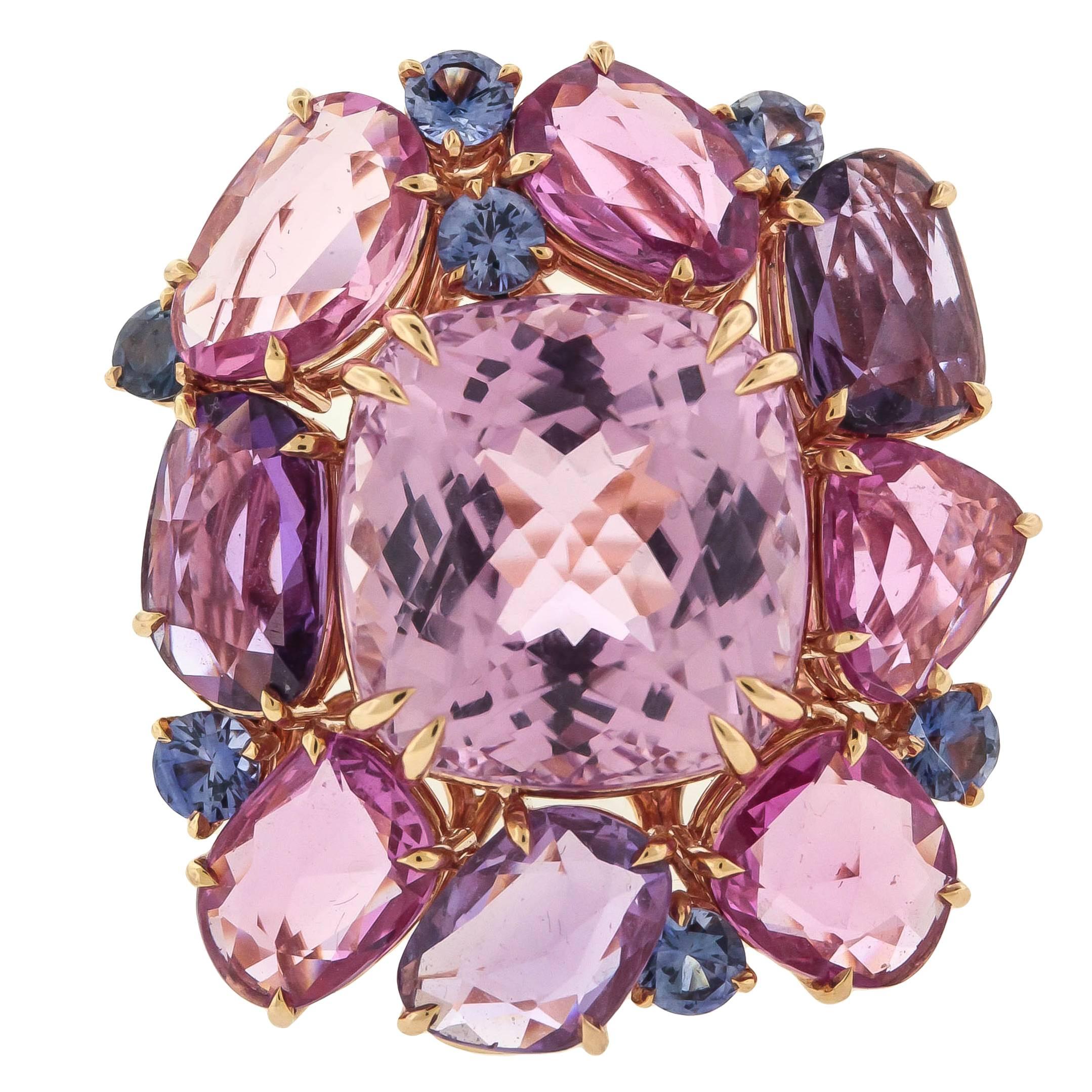 Magnificent Gem Kunzite Sapphire gold Cocktail Ring 