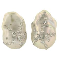 Russell Trusso Signed Diamond-Studded Baroque South Sea Pearl Earrings