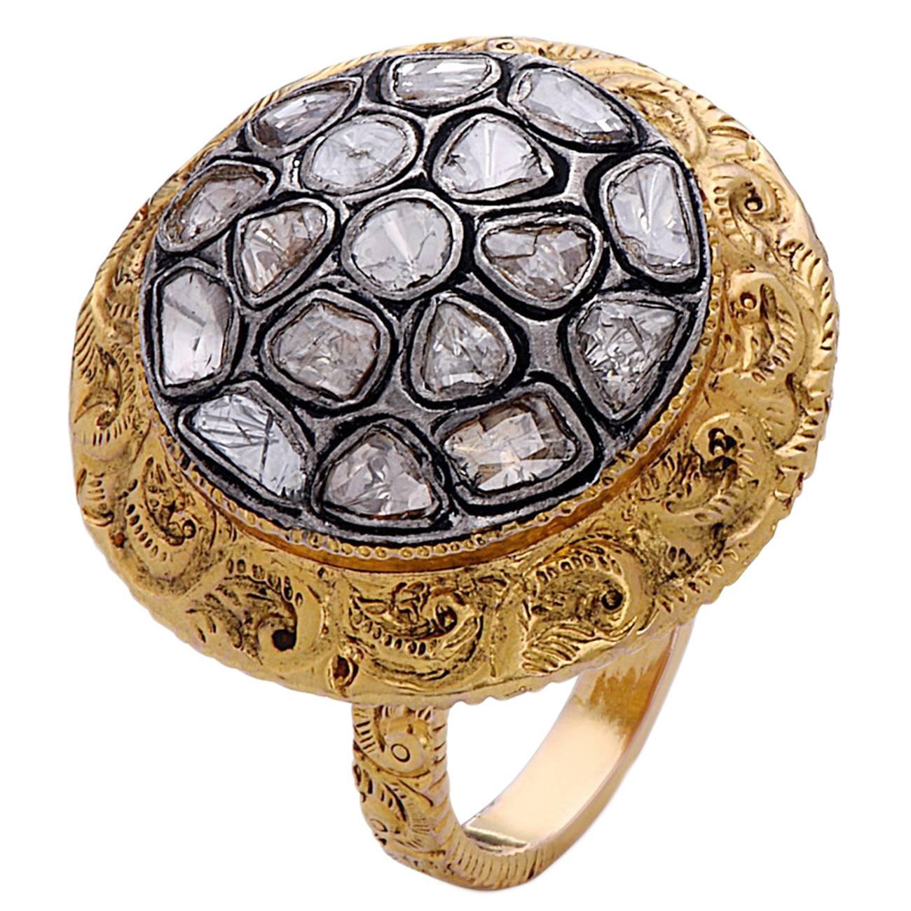 Hand-Carved Royal Looking Rose Cut Diamond Gold Ring
