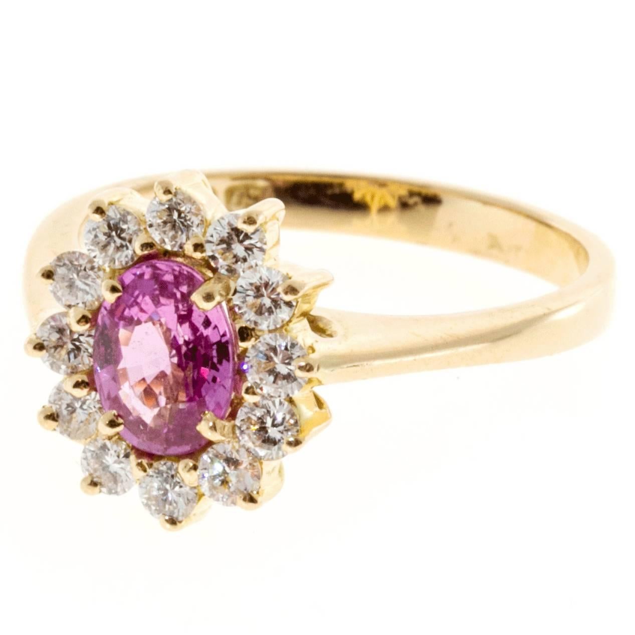 GIA Certified .75 Oval Natural Pink Sapphire Diamond Gold Engagement Ring For Sale