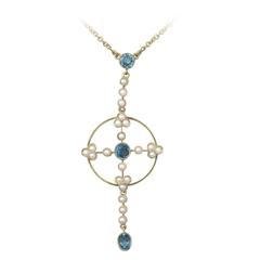 0.59Ct Aquamarine & Pearl, 15k Yellow Gold Pendant - Antique Victorian 11