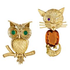 Retro The Owl and the Pussycat Gem Set Gold Pins