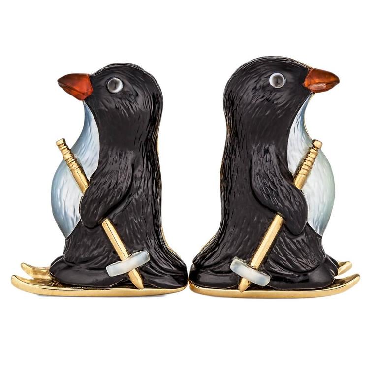 Carved Onyx, Mother-of-Pearl, Carnelian and Gold Skiing Penguin Cufflinks For Sale