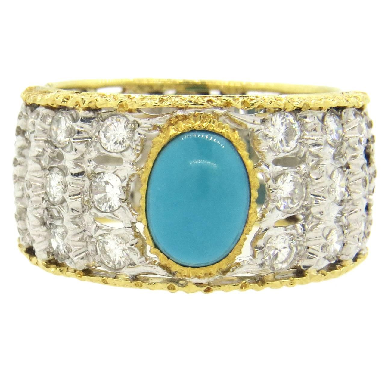 Buccellati Turquoise Diamond Gold Band Ring  For Sale