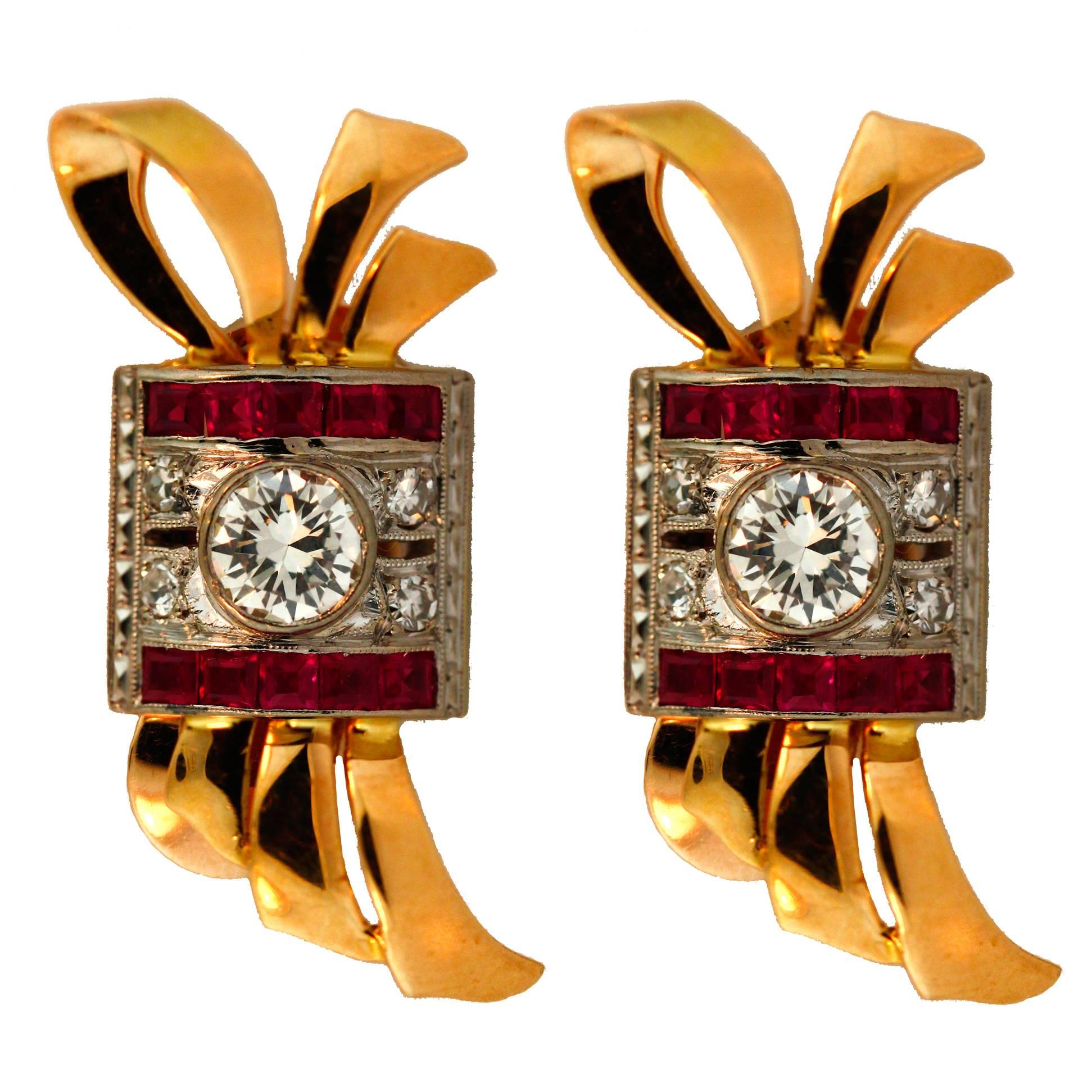 Retro diamond Gold platinum and Synthetic Ruby Earrings  For Sale
