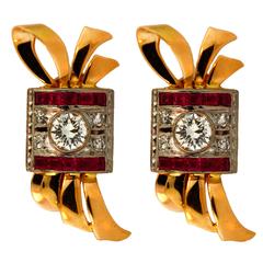 Retro diamond Gold platinum and Synthetic Ruby Earrings 