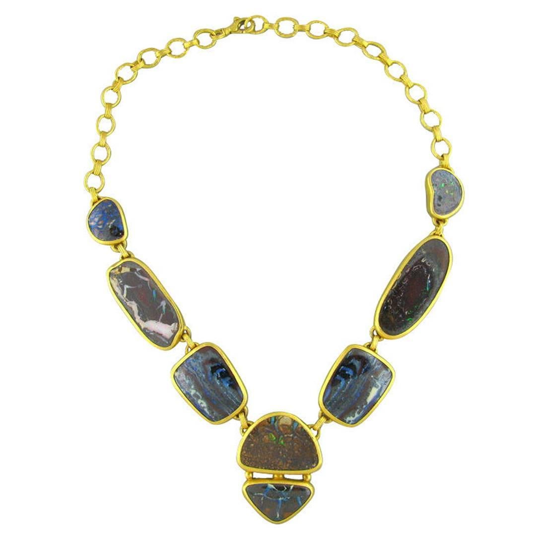 Impressive Gurhan Quilpie Boulder opal gold Necklace For Sale