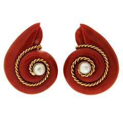 Coral Pearl Gold Snail Earrings 1