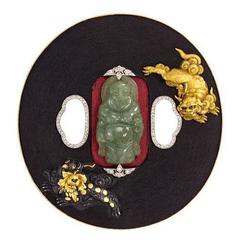 French Art Deco Shakudo Brooch with Jade Buddha