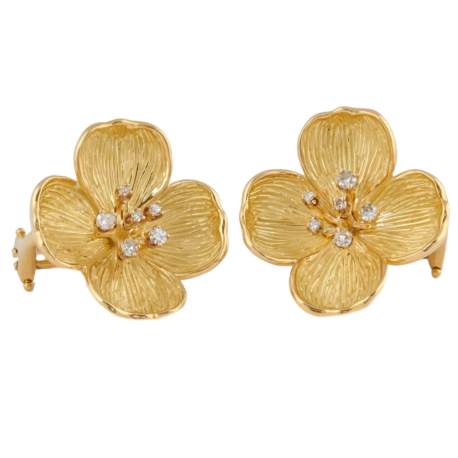 Gold Dogwood Flower Clip Earrings For Sale