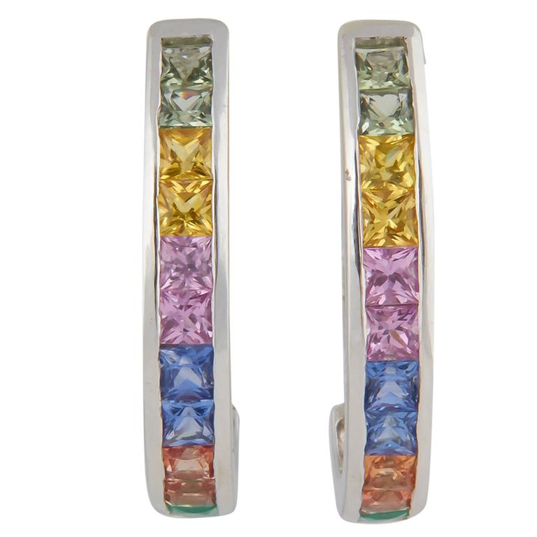 Multicolor Sapphire Gold Hoop Earrings For Sale at 1stdibs