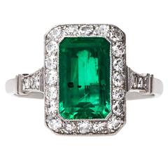 Quintessential Art Deco Colombian Emerald Diamond platinum Engagement Ring