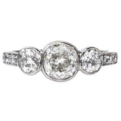 Refined Art Deco Three Stone Old Mine Cut Diamond platinum Engagement Ring 