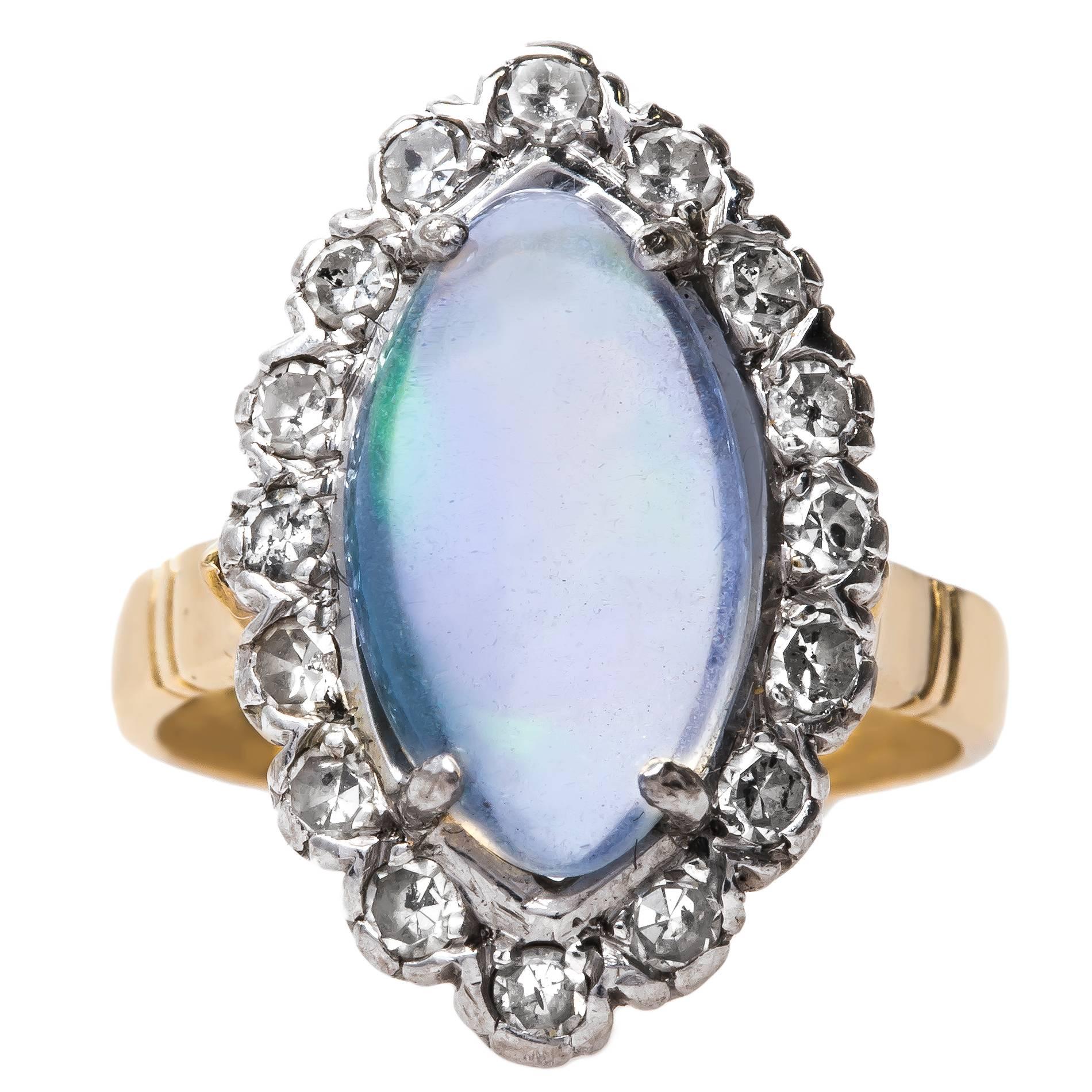 Bold Retro Era Cabochon Opal Diamond gold Halo Ring  For Sale