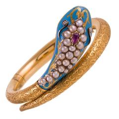 Antique Victorian Enamel Ruby Pearl Diamond Gold Snake Bangle Bracelet