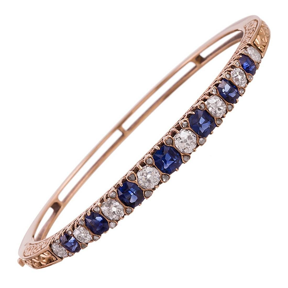 Victorian English Carved Sapphire Diamond Gold Bangle Bracelet