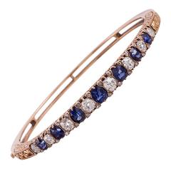 Antique Victorian English Carved Sapphire Diamond Gold Bangle Bracelet