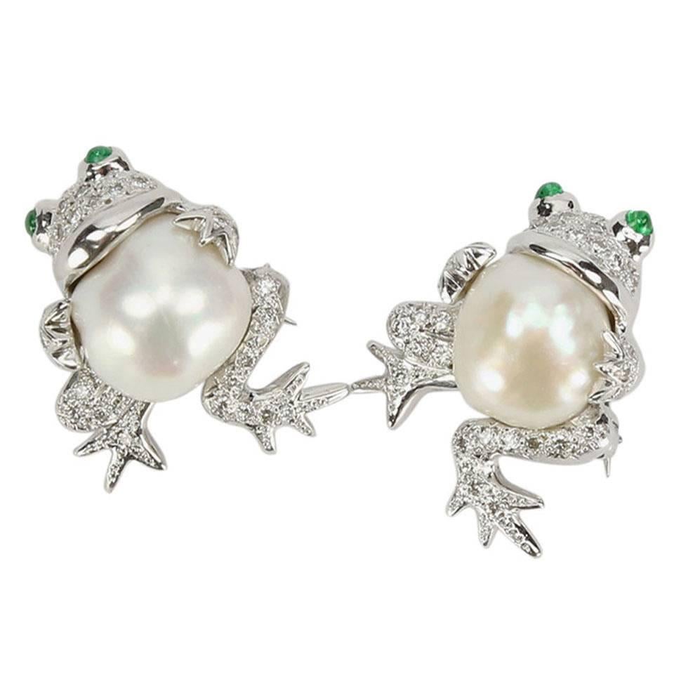Magnifique paire d'épingles à broche grenouille en or avec perles des mers du Sud et diamants, pièce de joaillerie d'art
