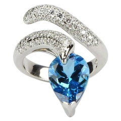 Swiss Blue Topaz and Diamond Gold Snake Serpent Ring Estate Fine Jewelry