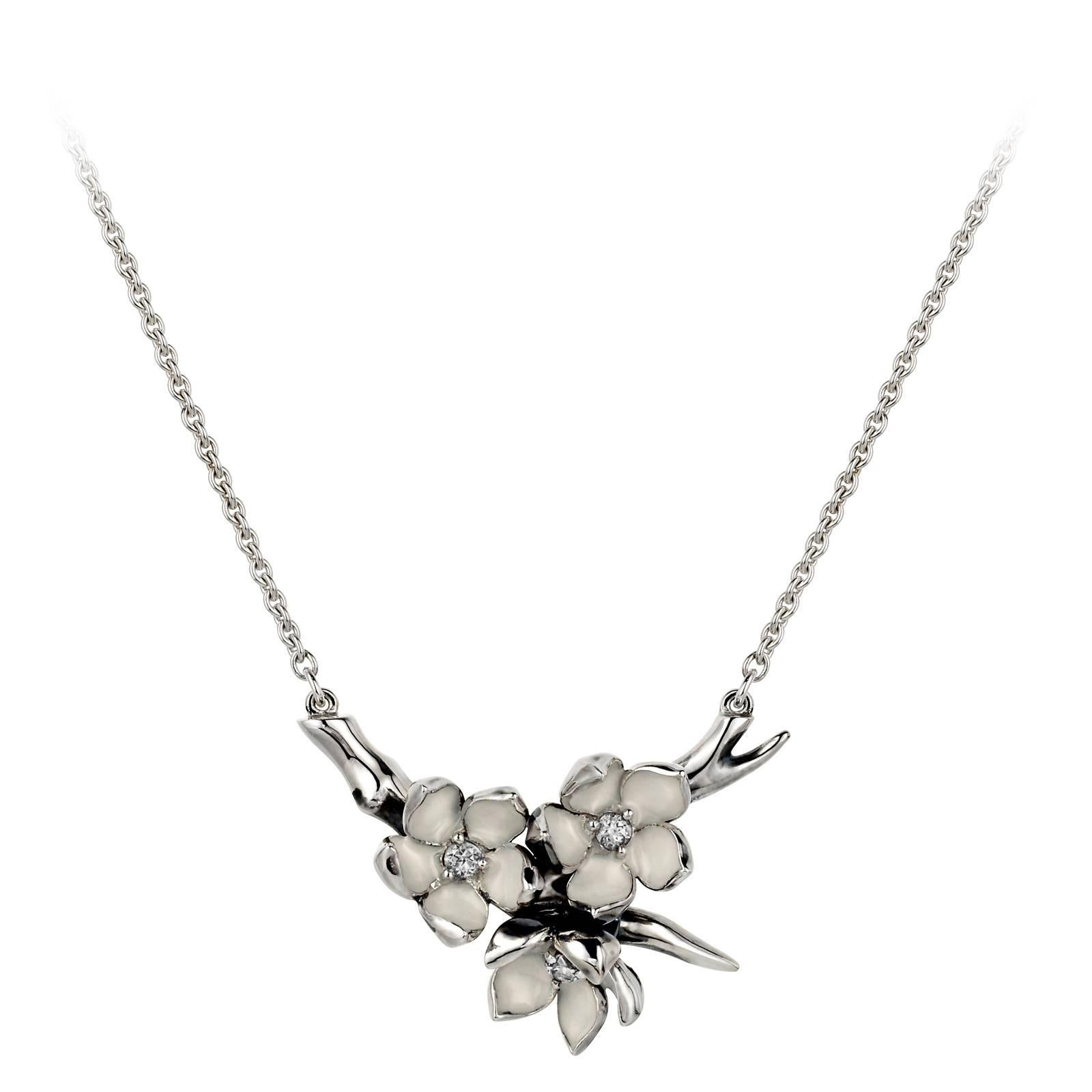 Shaun Leane White Enamel Diamond Silver Cherry Blossom Pendant Necklace For Sale