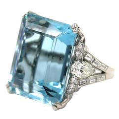 Vintage 32 Carat Aquamarine Diamond Platinum Ring