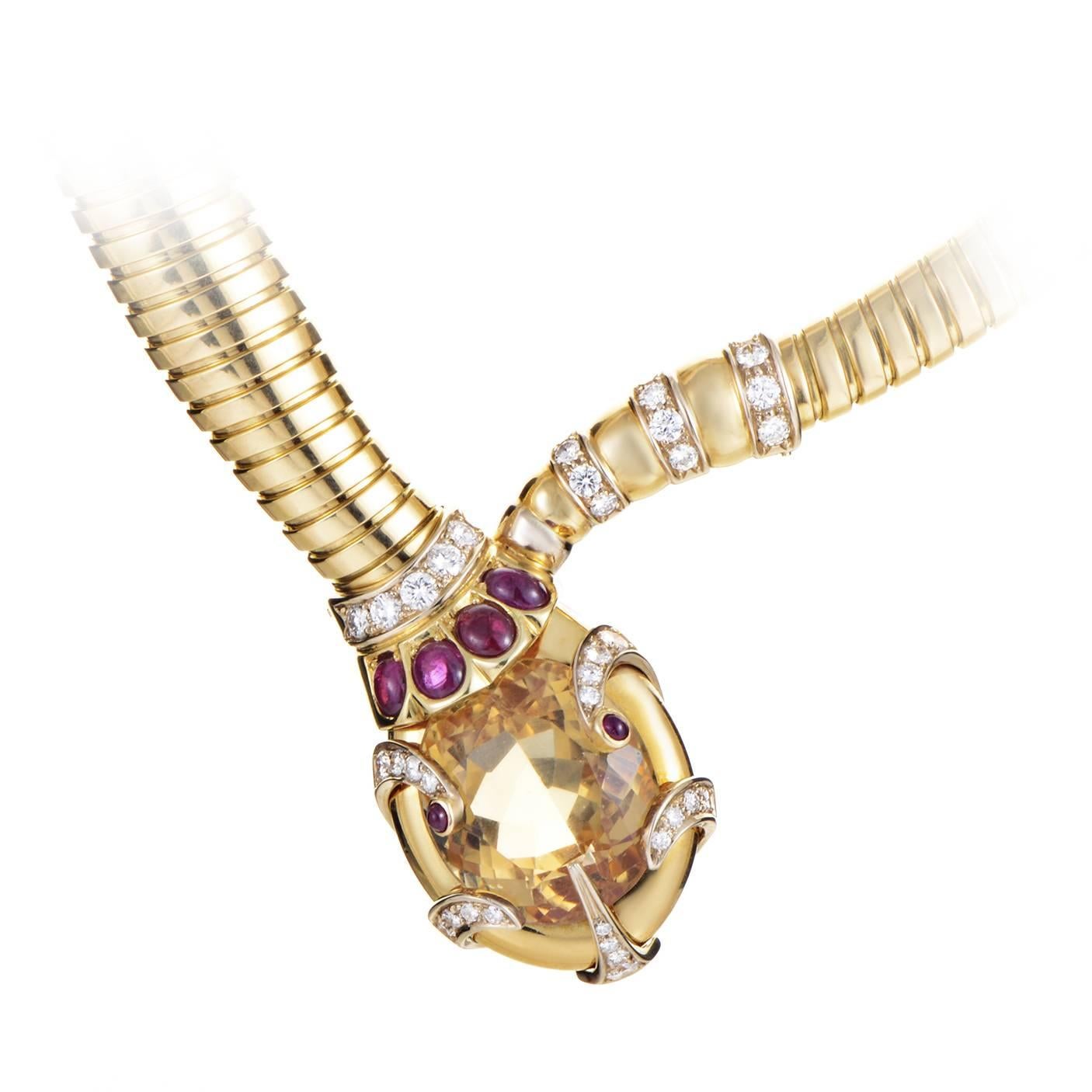 Bulgari delivers on the luxury and style with this extremely rare vintage necklace. The segmented 18K Yellow Gold chain drops with a supple cast like vertebra of a serpent. The chain culminates in a pendant that is ingeniously abstract yet