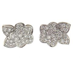 Pave Flower and Leaf Diamond Platinum Earrings 1