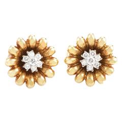 Vintage Mikimoto Yellow Gold Diamond Flower Earrings