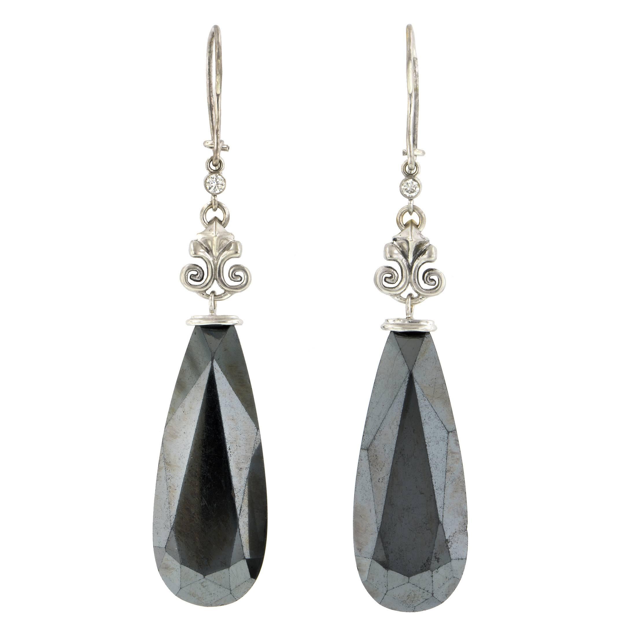 Doyle & Doyle Hematite Diamond Drop Earrings  For Sale