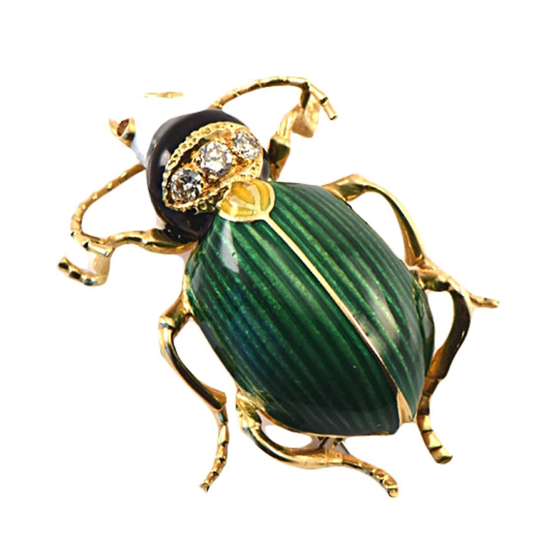 1950s Enamel Diamond Gold Beetle Brooch For Sale
