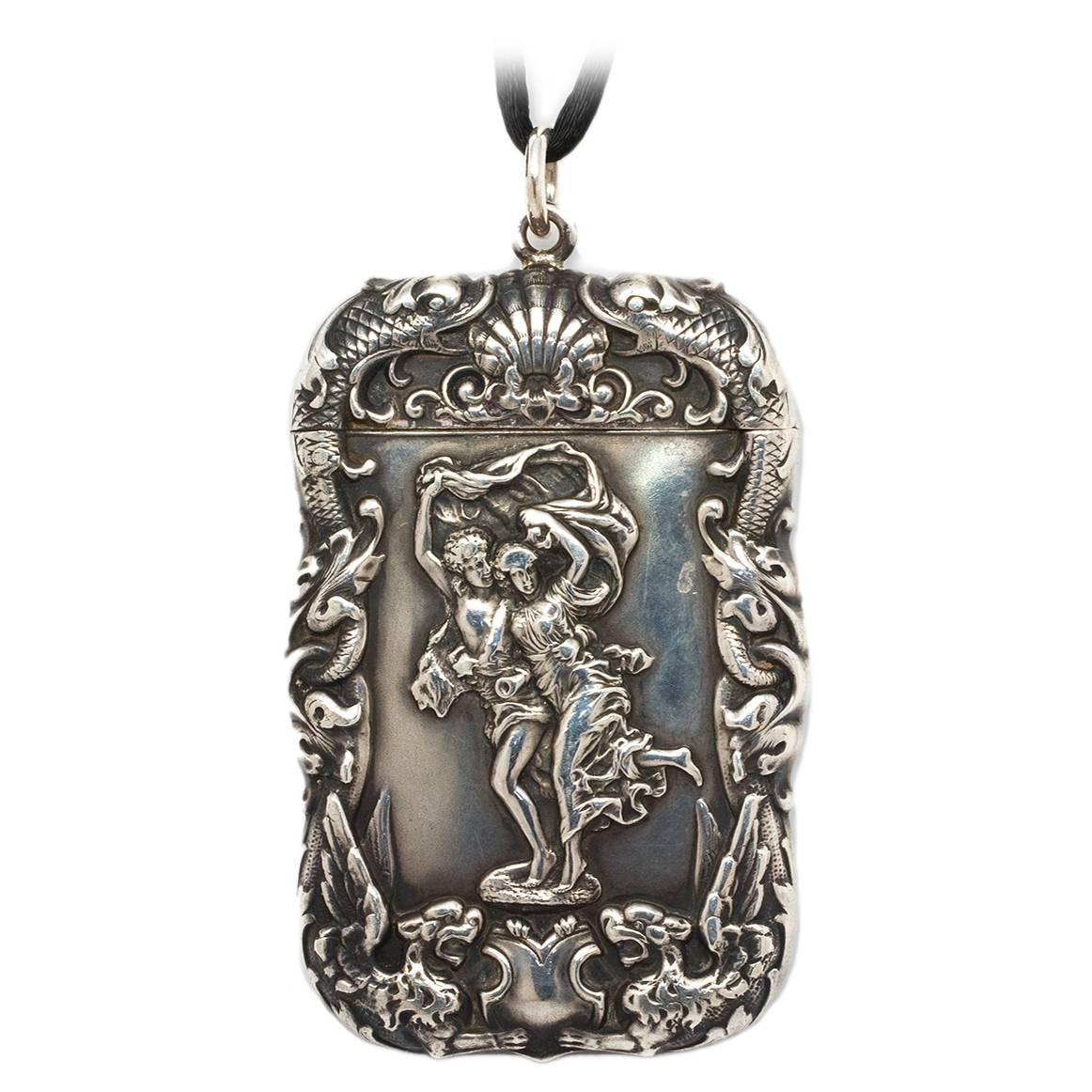 Sterling Silver Art Nouveau Match Safe Pendant Necklace For Sale