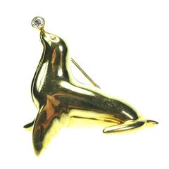 Rare Tiffany & Co. Yellow Gold and Diamond Seal Animal Brooch 12