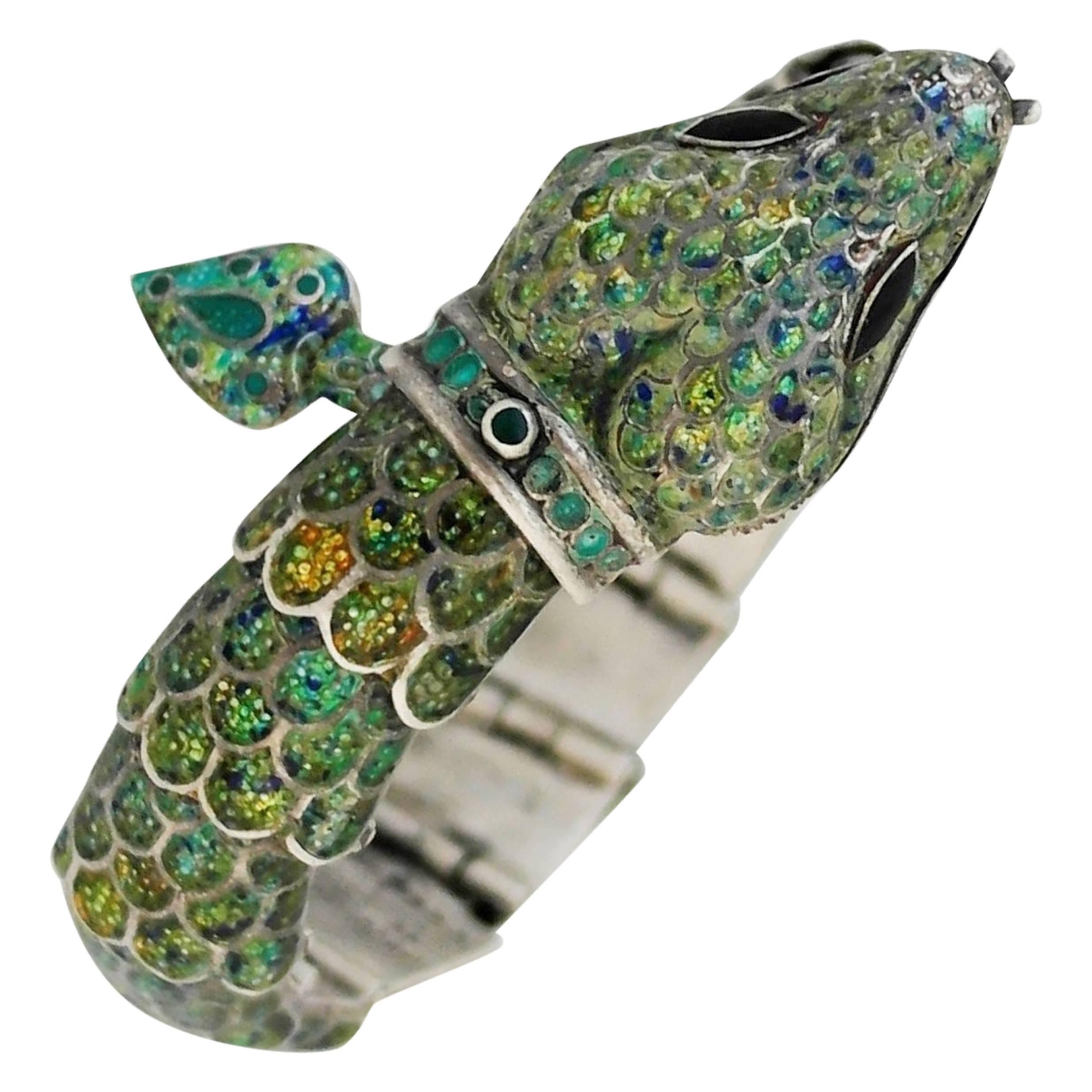 Margot De Taxco Enamel Sterling Silver Snake Bracelet For Sale
