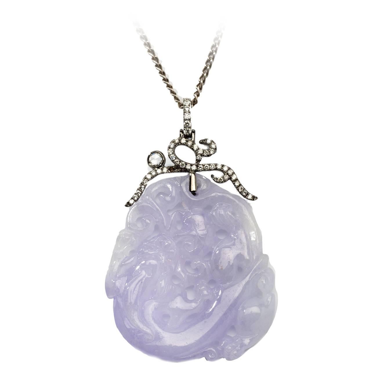 Carved Purple Jade Gold Pendant with Diamonds For Sale at 1stDibs