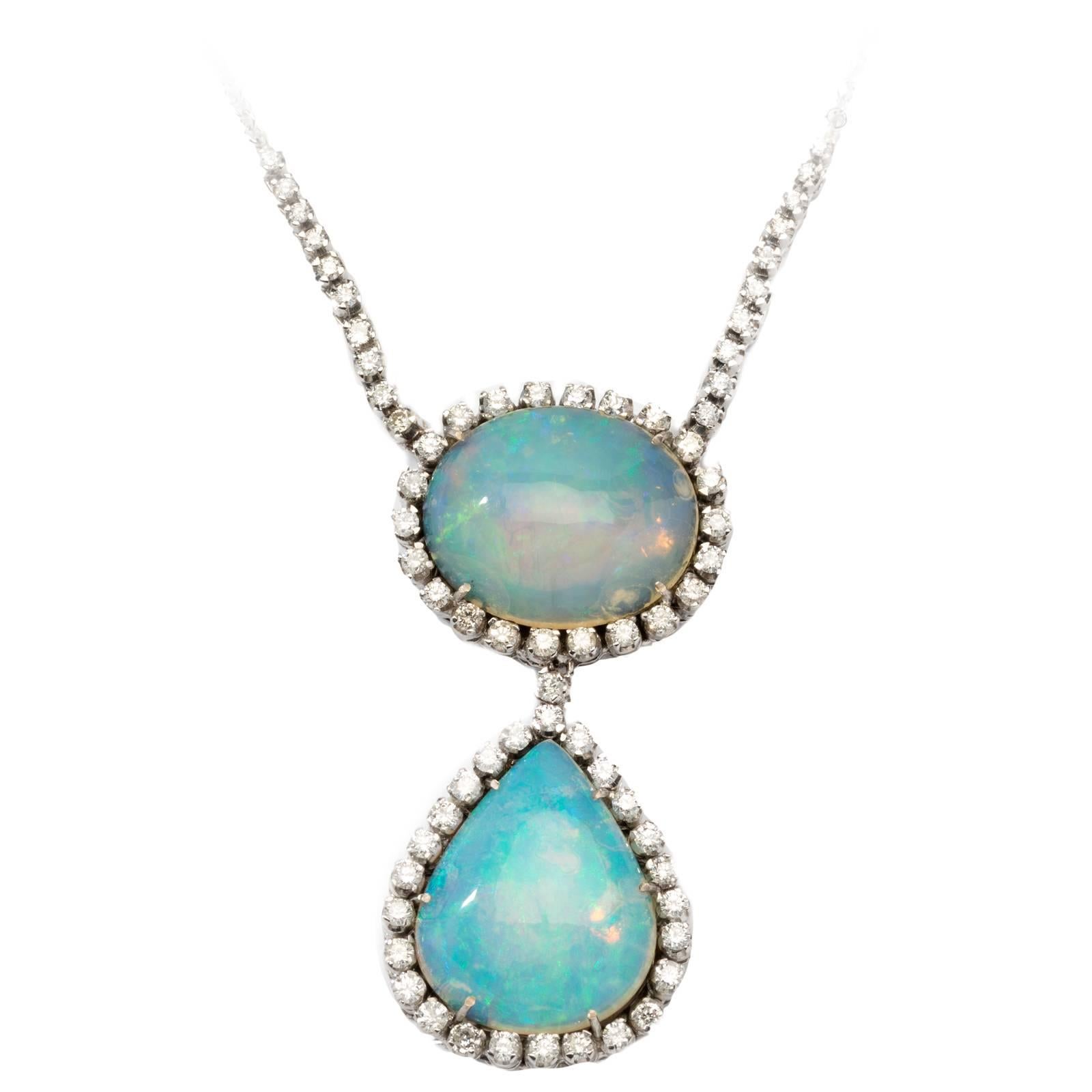 Double Opal Diamond White Gold Chain Pendant