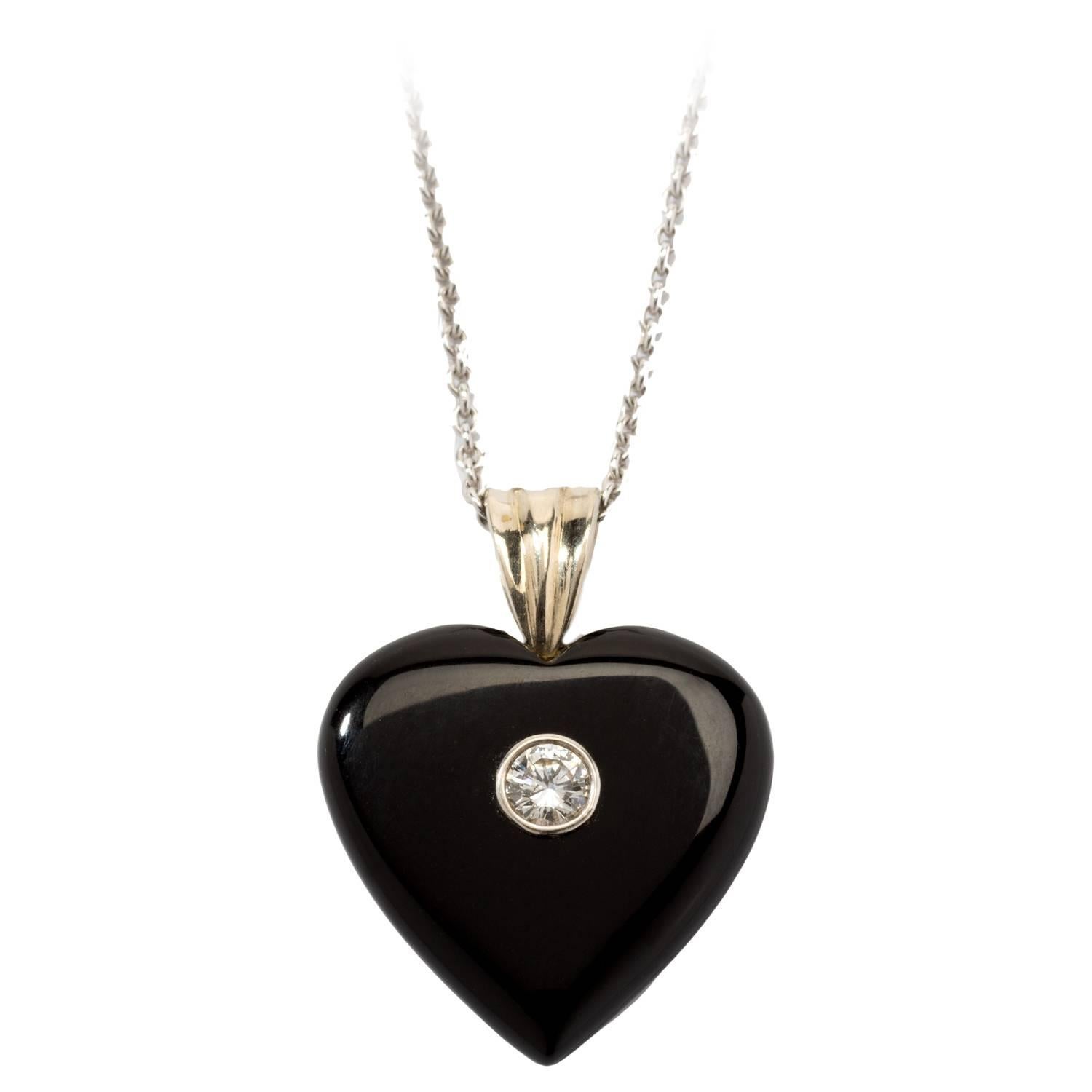 1930s Onyx and Diamond Heart Pendant with Chain