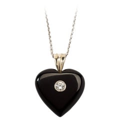 Vintage 1930s Onyx and Diamond Heart Pendant with Chain