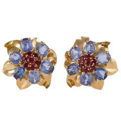 Dutch Mid-20th Century Ruby, Sapphire and Gold Earrings