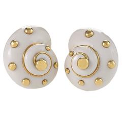 Verdura  Cachalong Opal and Gold Snail Shell Earrings