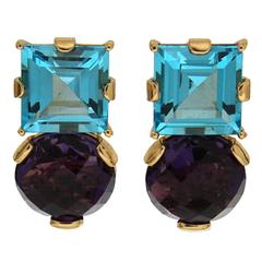 Square Blue Topaz Round Amethyst Gold Earrings 5