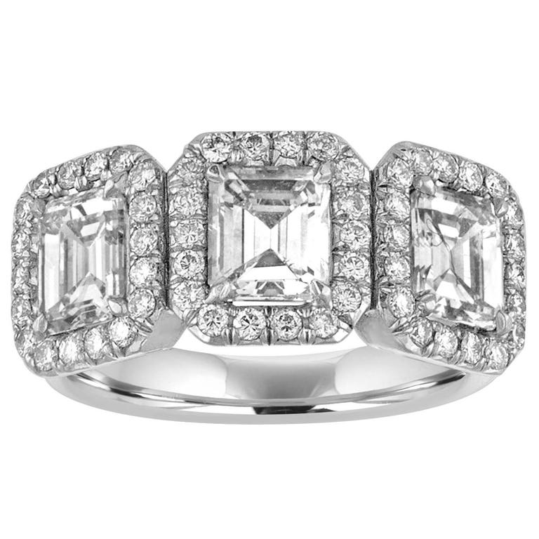 Three Stone Emerald Cut Diamond Gold Ring For Sale at 1stdibs