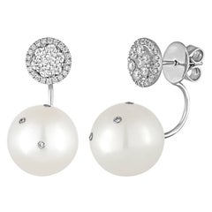 0.82 Carats Diamond Gold Flower Stud Earrings with Hanging Pearl Jacket Backings