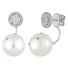 0.82 Carats Diamond Gold Flower Stud Earrings with Hanging Pearl Jacket Backings