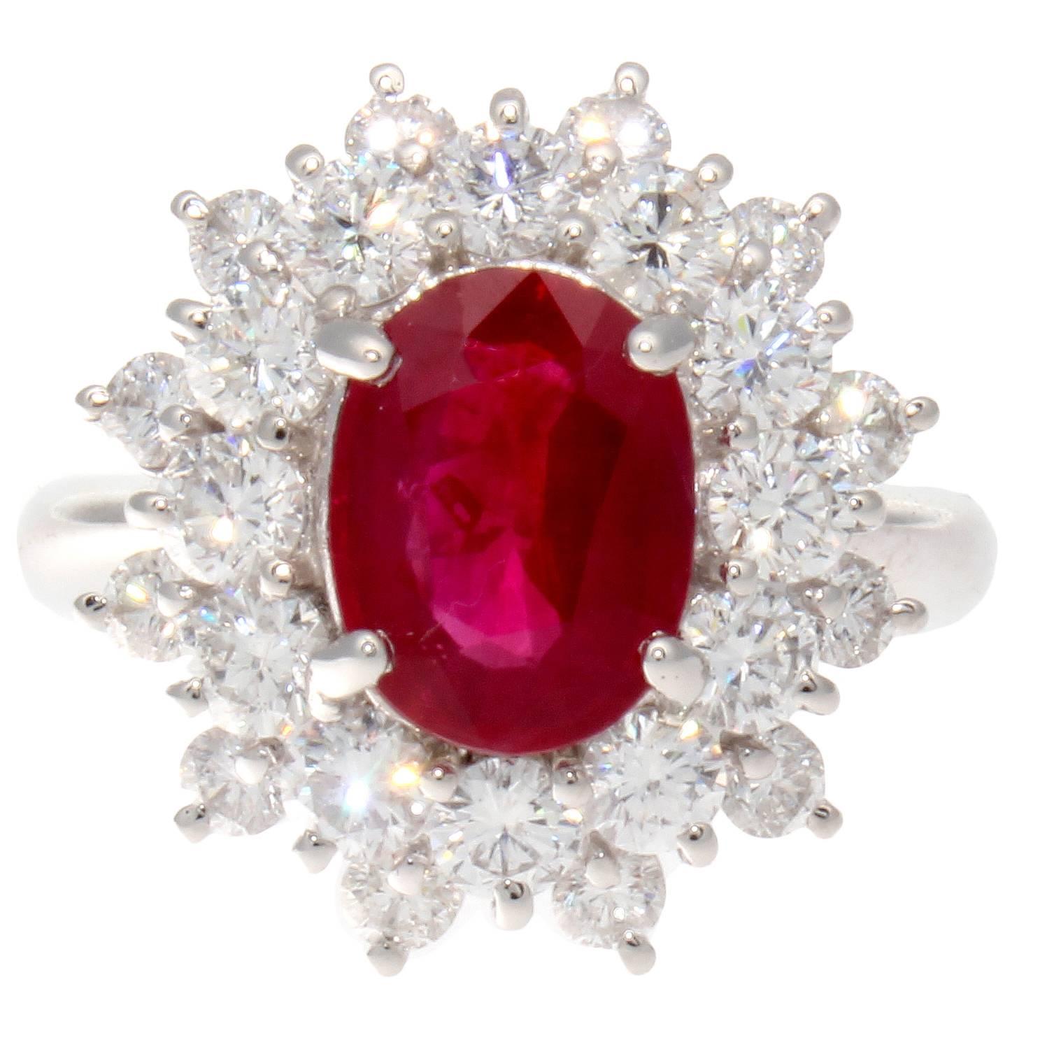 Natural 3 Carat Burma Ruby Diamond Platinum Ring