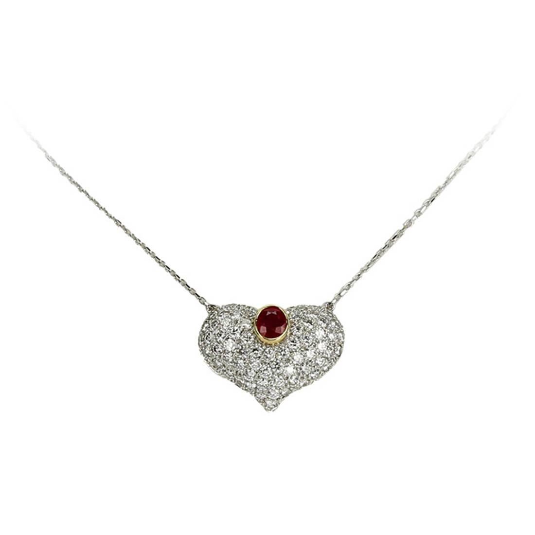 3.25 Carat Ruby Heart and Diamond Gold Vintage Necklace Estate Fine Jewelry For Sale
