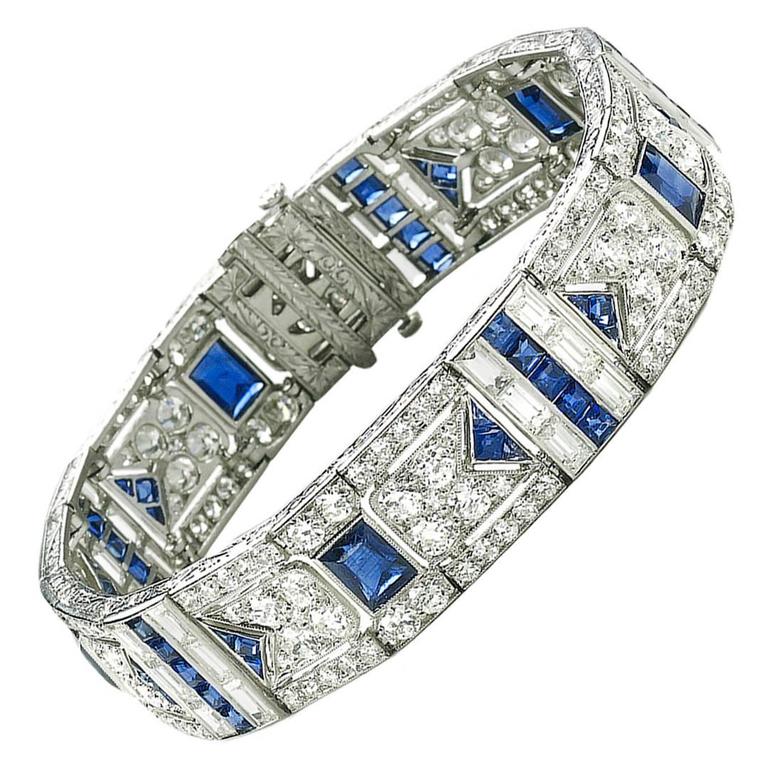 Art Deco Black Starr & Frost Sapphire Diamond Platinum Bangle Bracelet For Sale